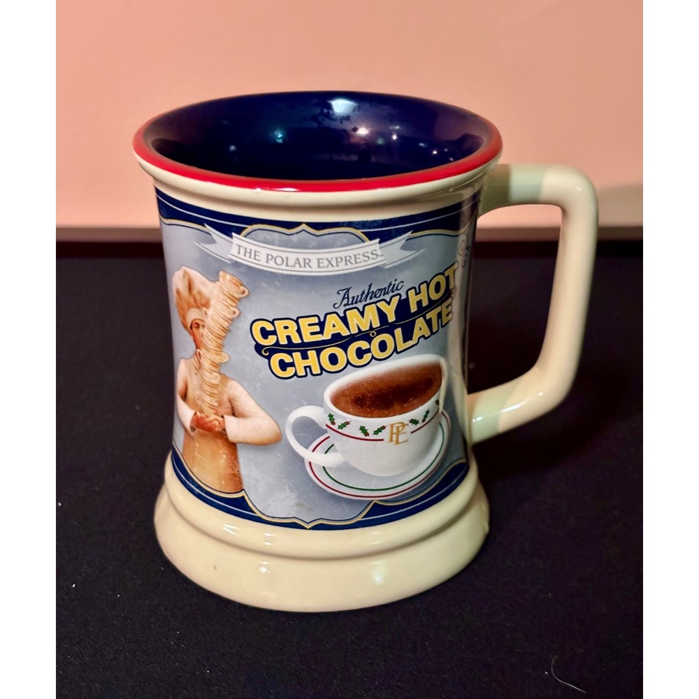 The Polar Express Authentic Creamy Hot Chocolate Ceramic Coffee Mug Blue Red Rim